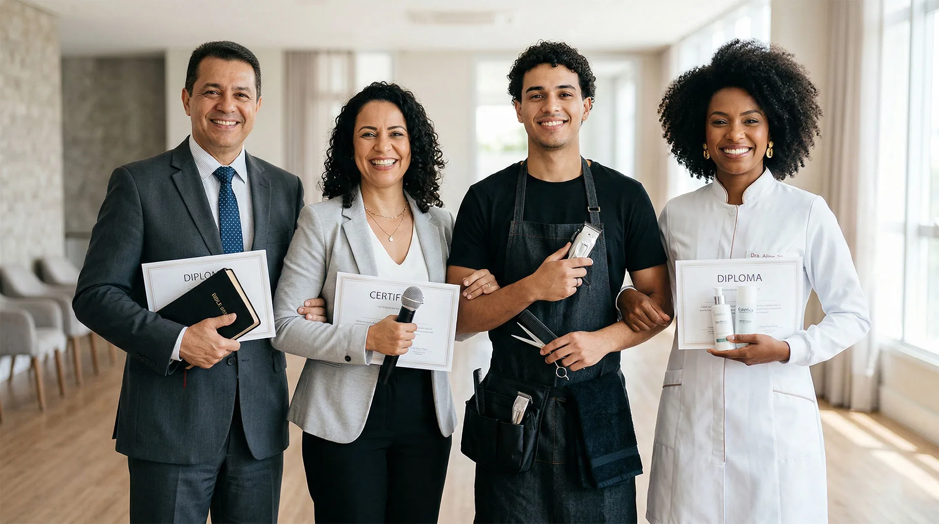 Profesionales de distintas áreas sostienen sus diplomas y celebran su formación